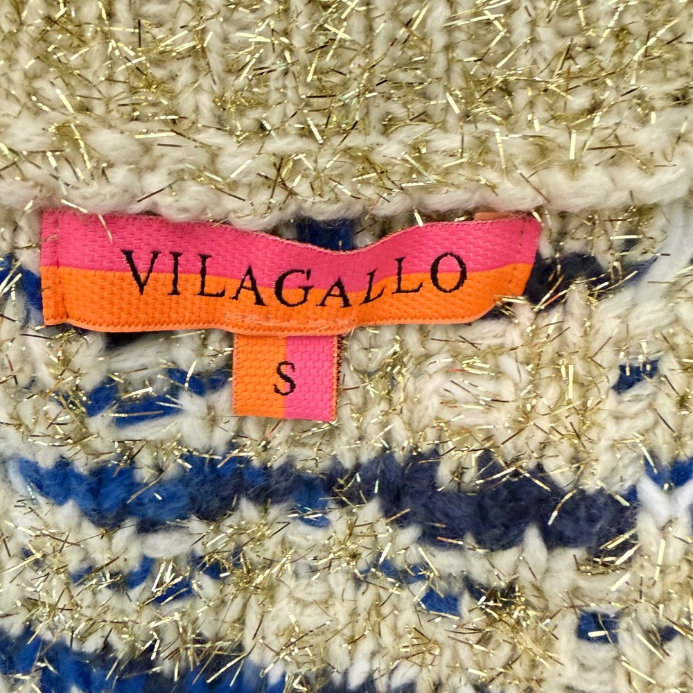 Vilagallo Spain Tweed Knit Open Front Cardigan Sweater Gold Blue Womens